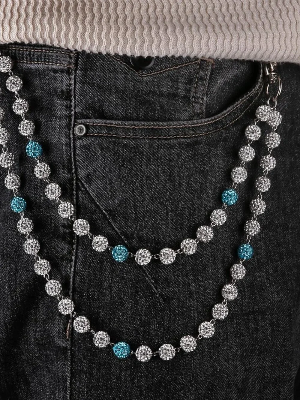 Rhinestone Ball Jeans Chain, Double Layer Crystal Waist Chain, Silver & Blue Spa